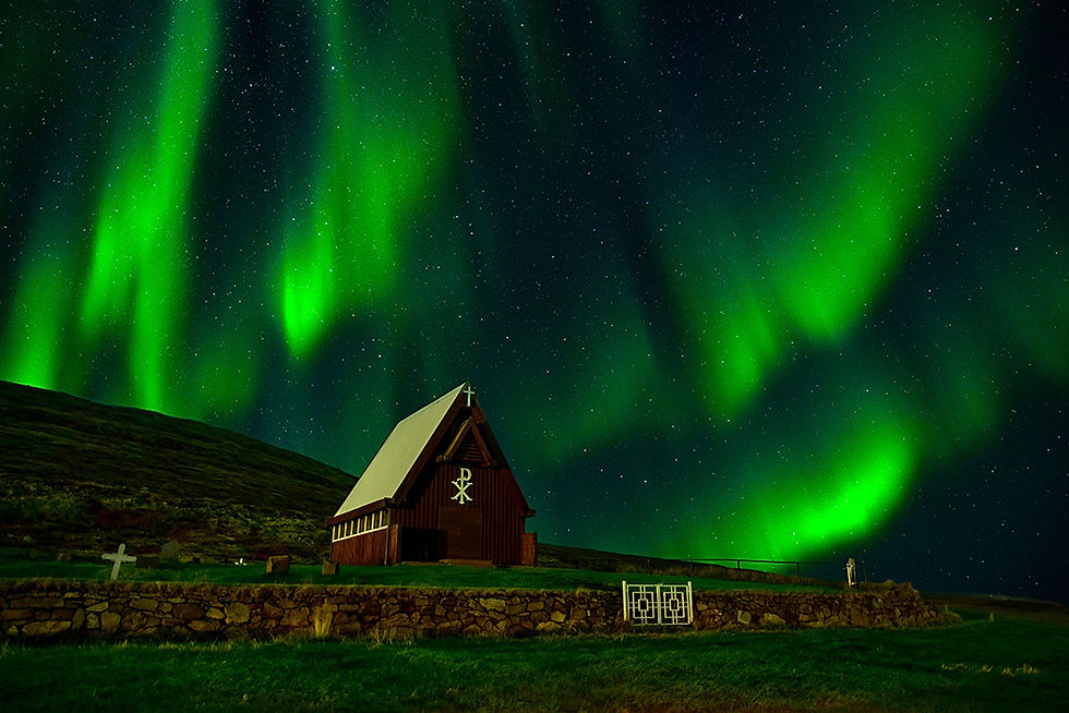 Northern Lights in Melgraseyrarkirkja Church