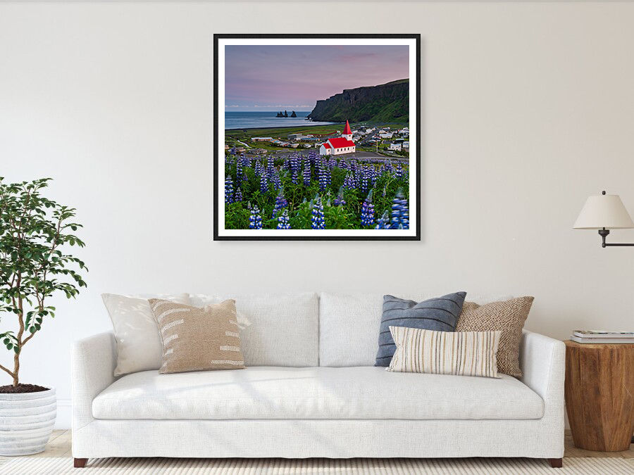 Thumbnail: Vikurkirkja and Lupines at Sunset 80x80 cm