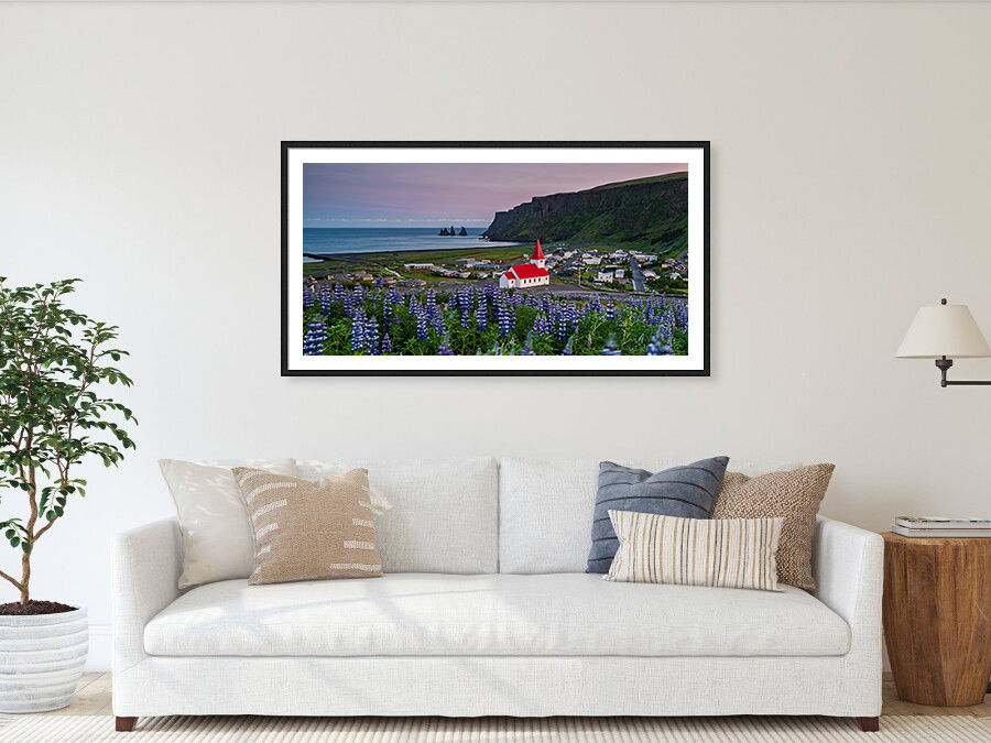 Thumbnail: Vikurkirkja and Lupines at Sunset 60x120 cm