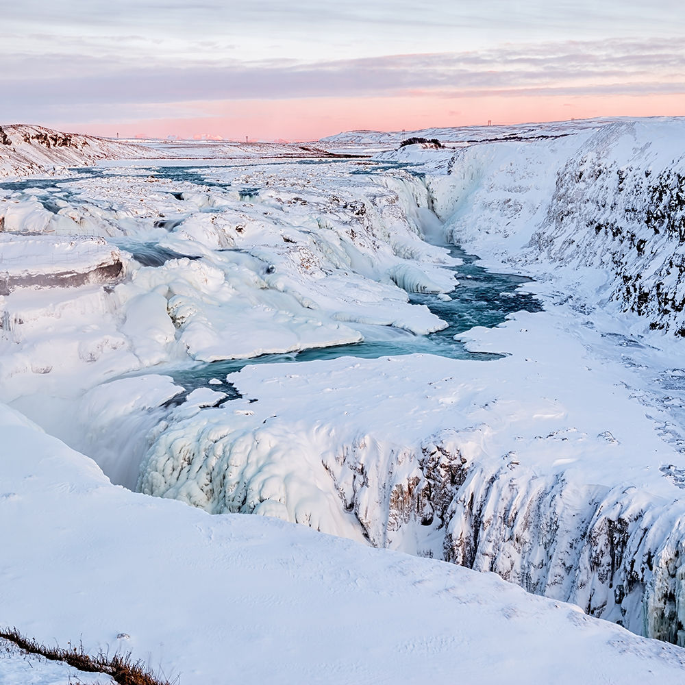 Iced Gullfoss Waterfall at Sunset