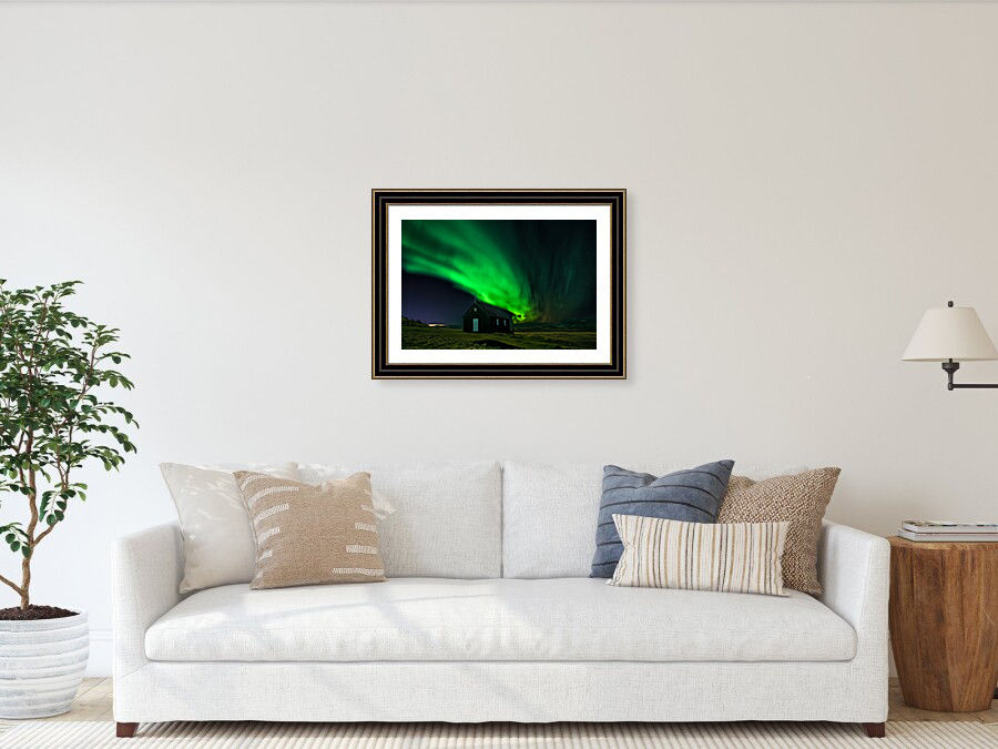 Thumbnail: Northern Lights in Krýsuvíkurkirkja Church, Iceland 40x60 cm limited edition