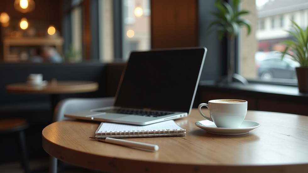 High angle view of a laptop and notebook on a cafe table