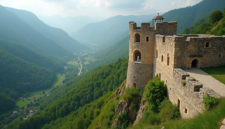 Eye-level view of ancient stone fortress overlooking lush green valley in Georgia