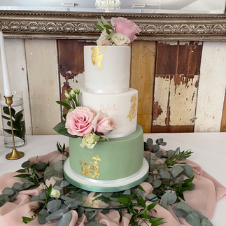 Sage green and pink fondant wedding cake