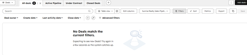 Empty HubSpot Deals object before implementation, showing no active sales pipeline or recorded opportunities