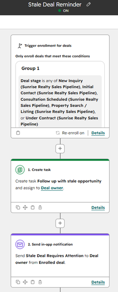 HubSpot stale deal reminder workflow enrolling open deals in active pipeline stages and creating a follow-up task for the deal owner.