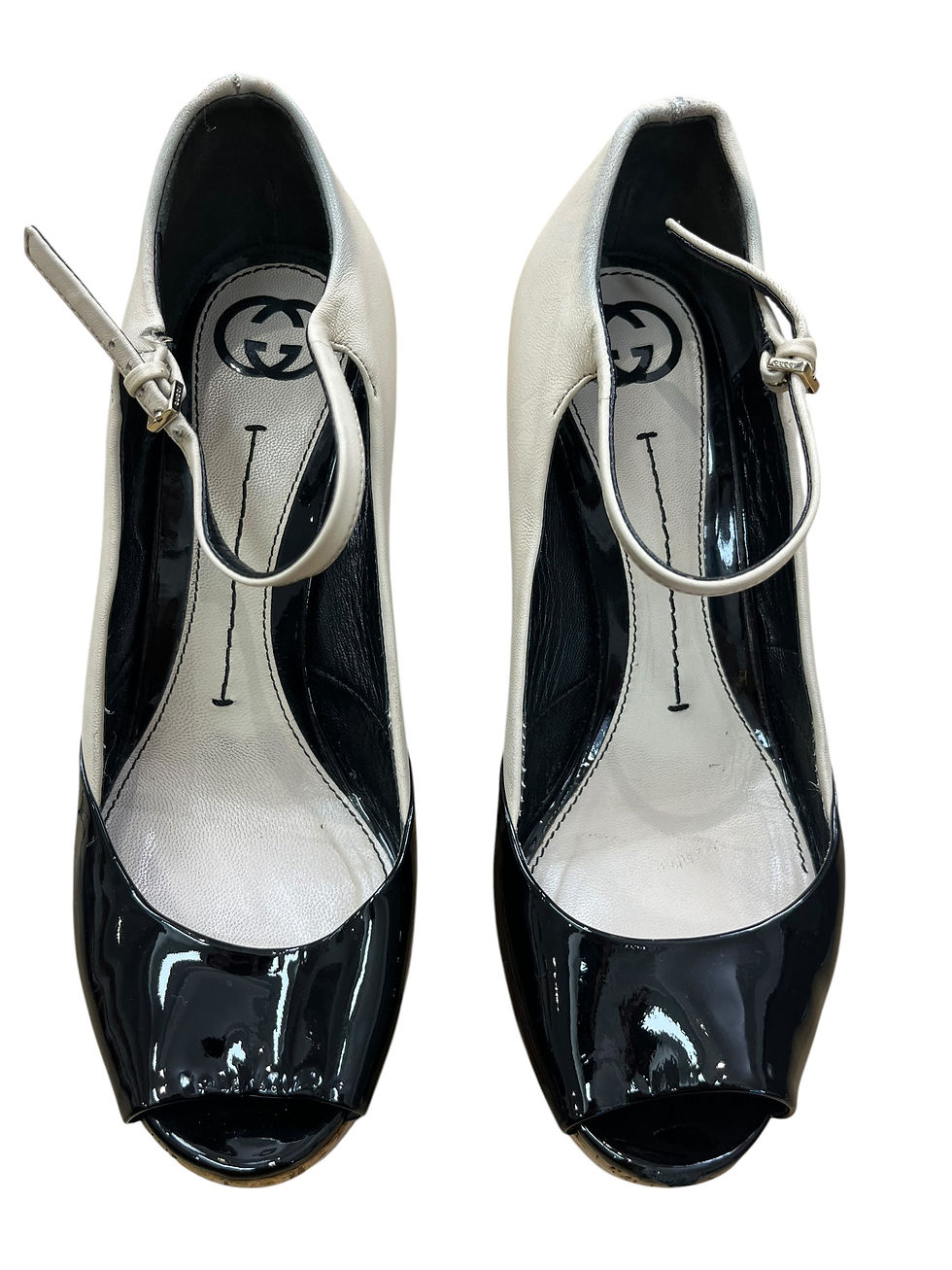 Thumbnail: Gucci Vintage Black Patent Leather Ankle-Strap Wedges