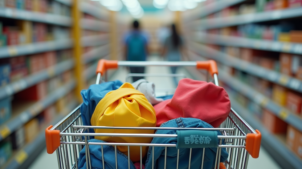 Close-up view of a shopping cart filled with school supplies and clothes