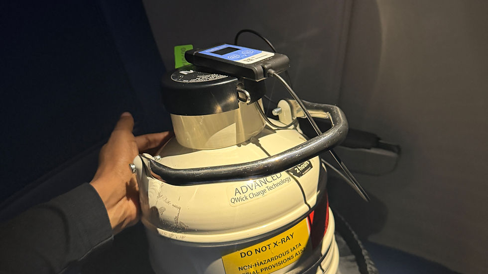 The courier carries the dewar in the aircraft cabin, either at their feet or in the overhead bin.