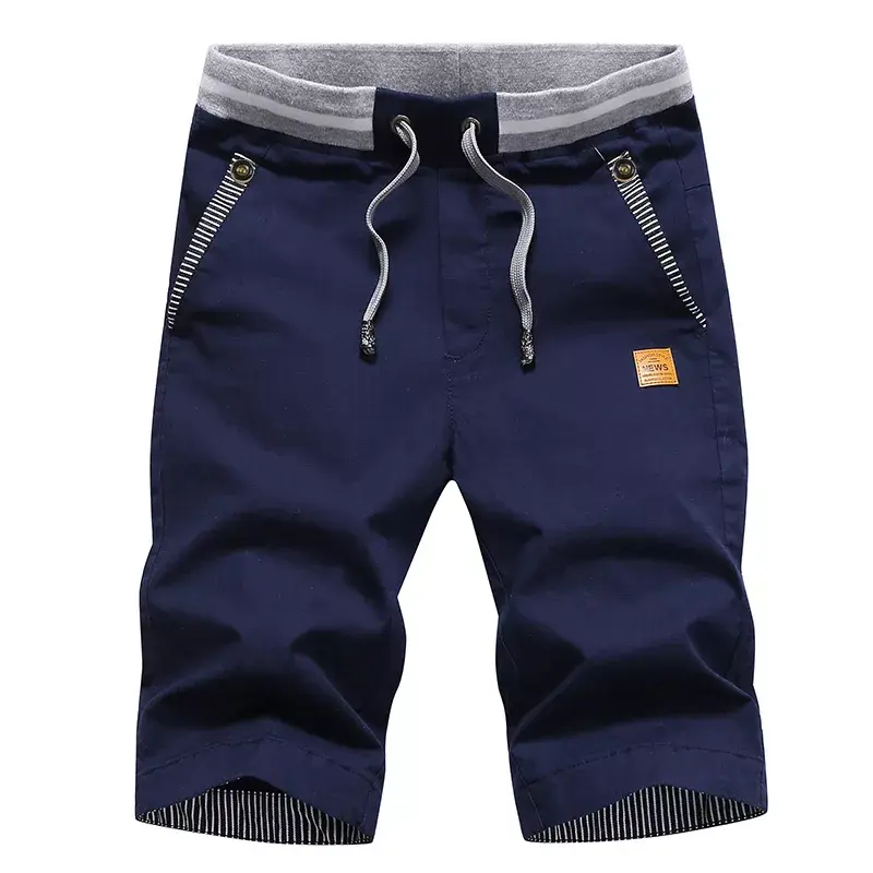 Thumbnail: Dark blue men's casual drawstring shorts with grey waistband and pockets.
