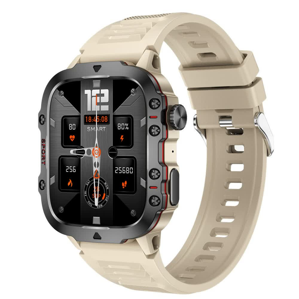 Beige rugged smart fitness watch, dark case, vibrant digital display.