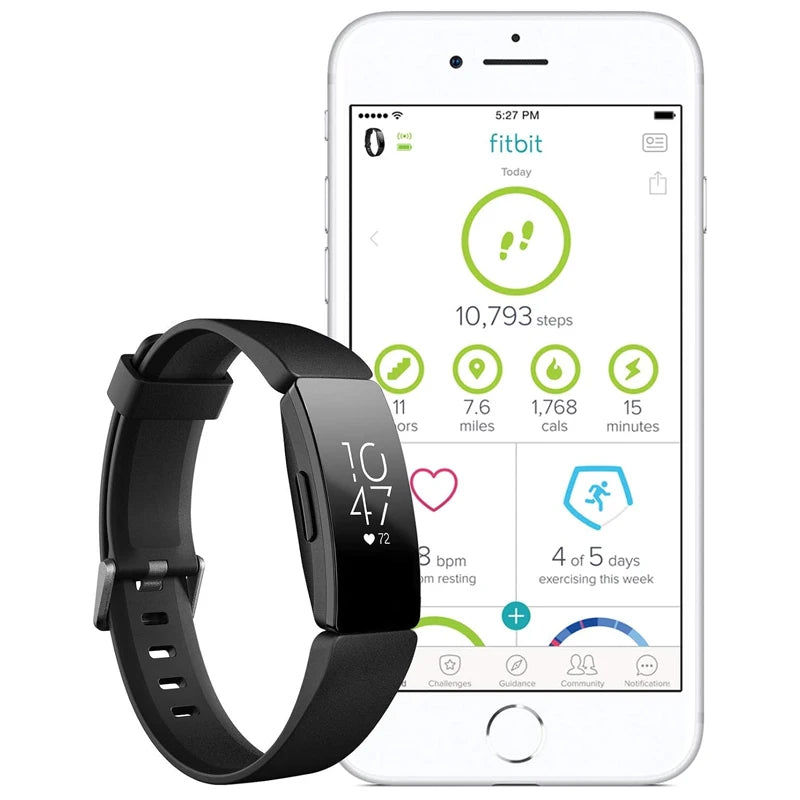 Thumbnail: Black Fitbit Inspire tracker shows 10:47, phone displays 10,793 steps.