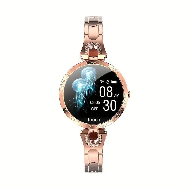 Rose gold smart watch displaying 08:30, battery, Bluetooth, and 'Touch'.