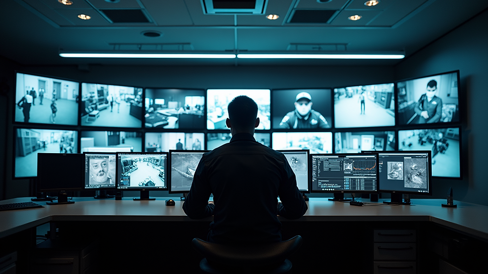 High angle view of a security control room with multiple monitors displaying surveillance footage