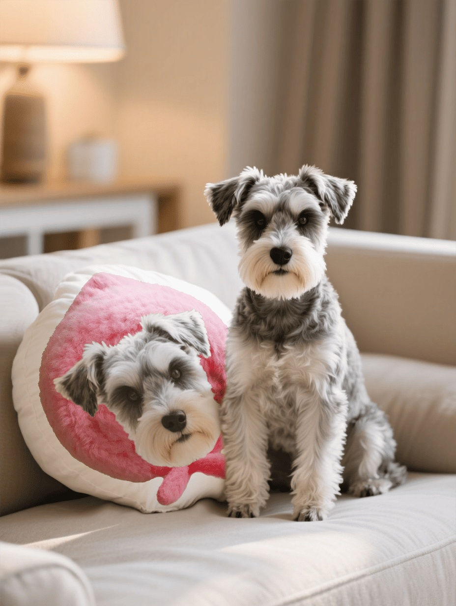 Small dog wearing a sweater sitting on a couch beside a pillow with its own photo on it.