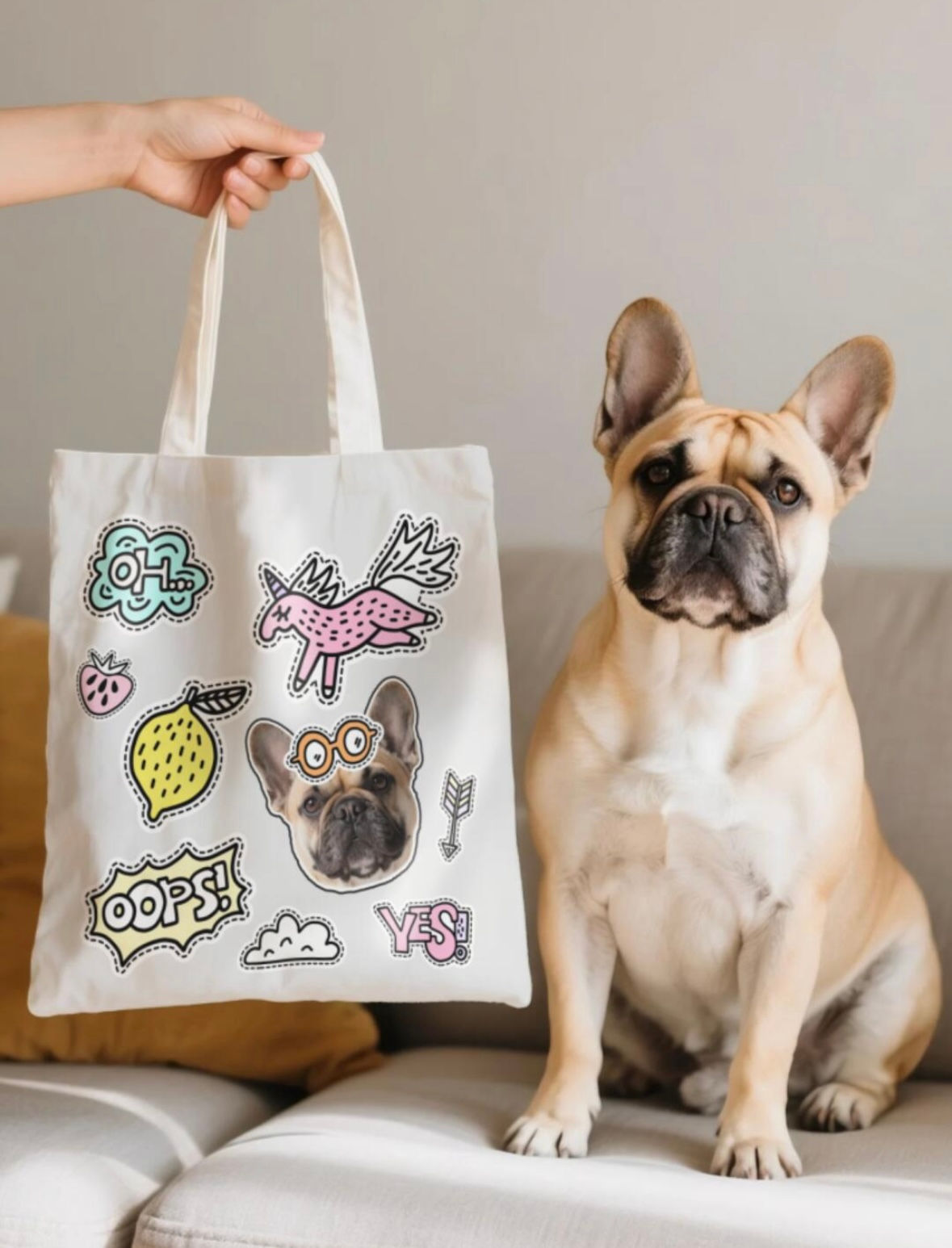 French bulldog beside white tote bag with colorful pet-themed doodles and custom design