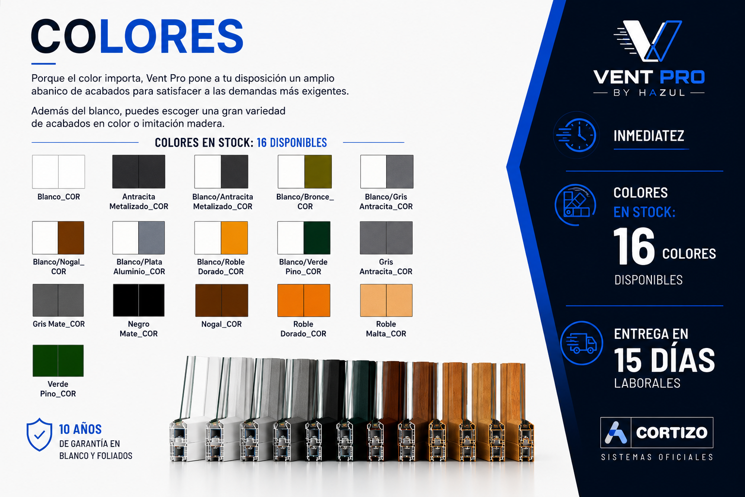 Los 16 colores de PVC Cortizo disponibles en stock en Vent Pro