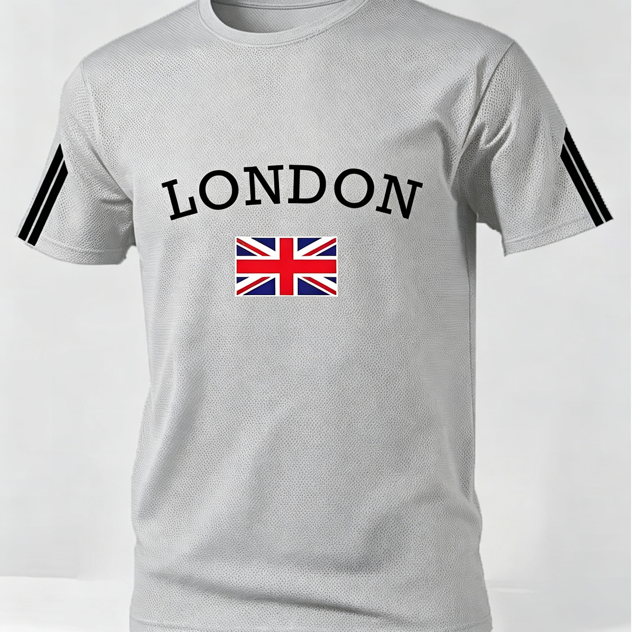 Men's LONDON UK Flag Print T-Shirt, Striped Sleeve Short Sleeve Casual Streetwea