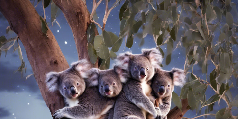 five little koalas in a night time eucalyptus tree.jpg