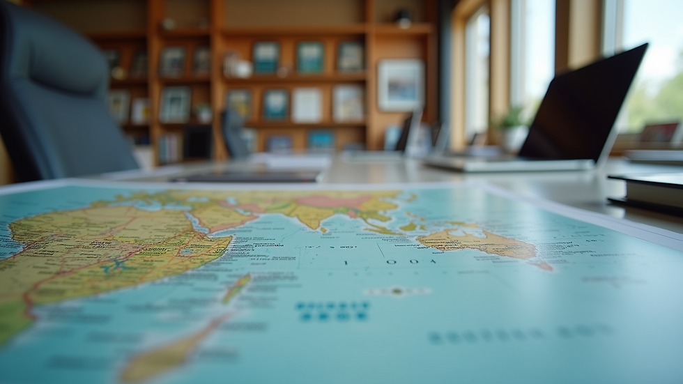 Eye-level view of a travel agent's workspace with maps and travel brochures
