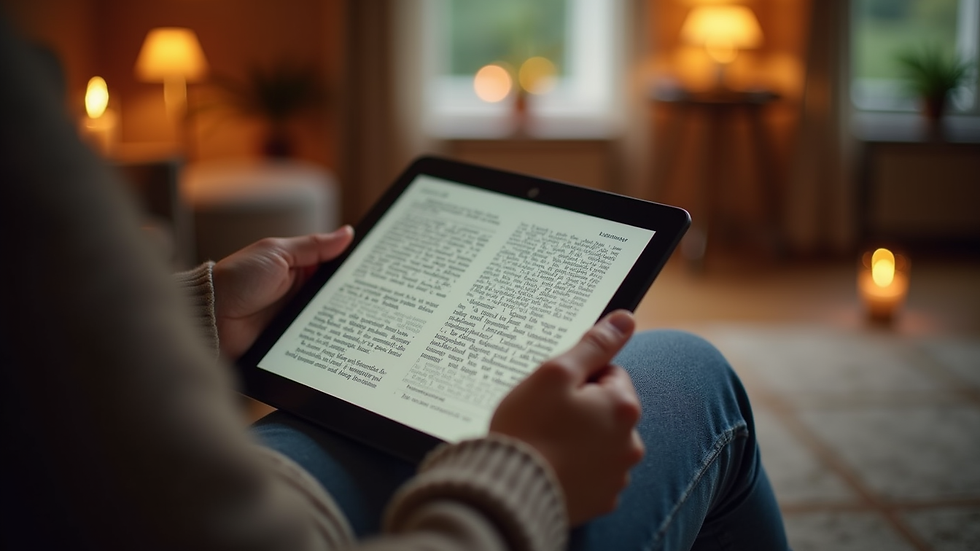 Eye-level view of a person reading an e-book in a cozy setting