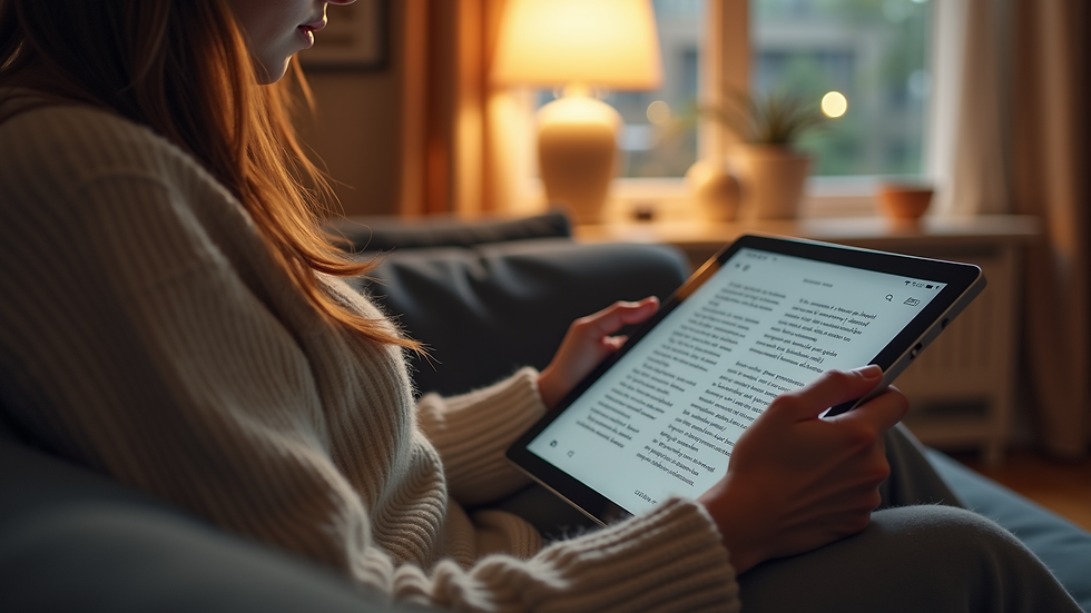 Eye-level view of a person reading an e-book on a cozy couch