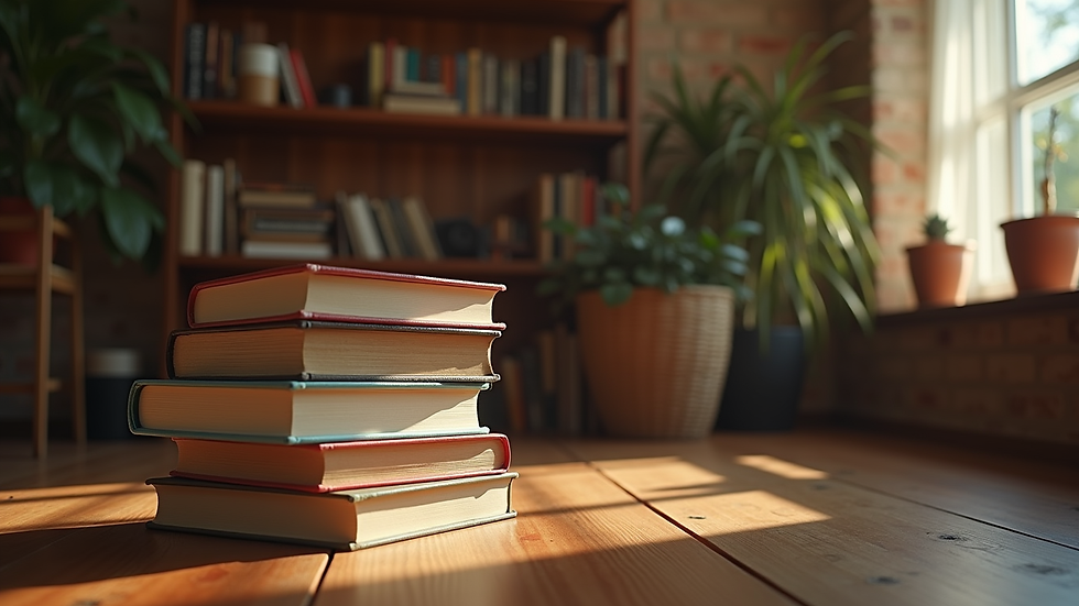 Eye-level view of a cozy reading nook with a stack of e-books