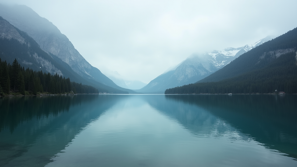 Wide angle view of a serene lake surrounded by lush greenery