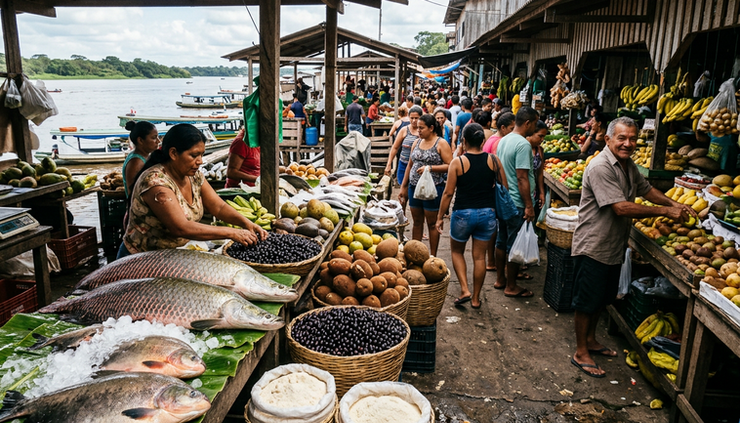Wide-angle view of um mercado amazônico com peixes de rio, frutas regionais e cuias em bancas coloridas.
