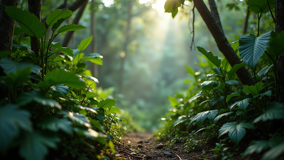 Close-up view of a lush Amazon rainforest with diverse plant life
