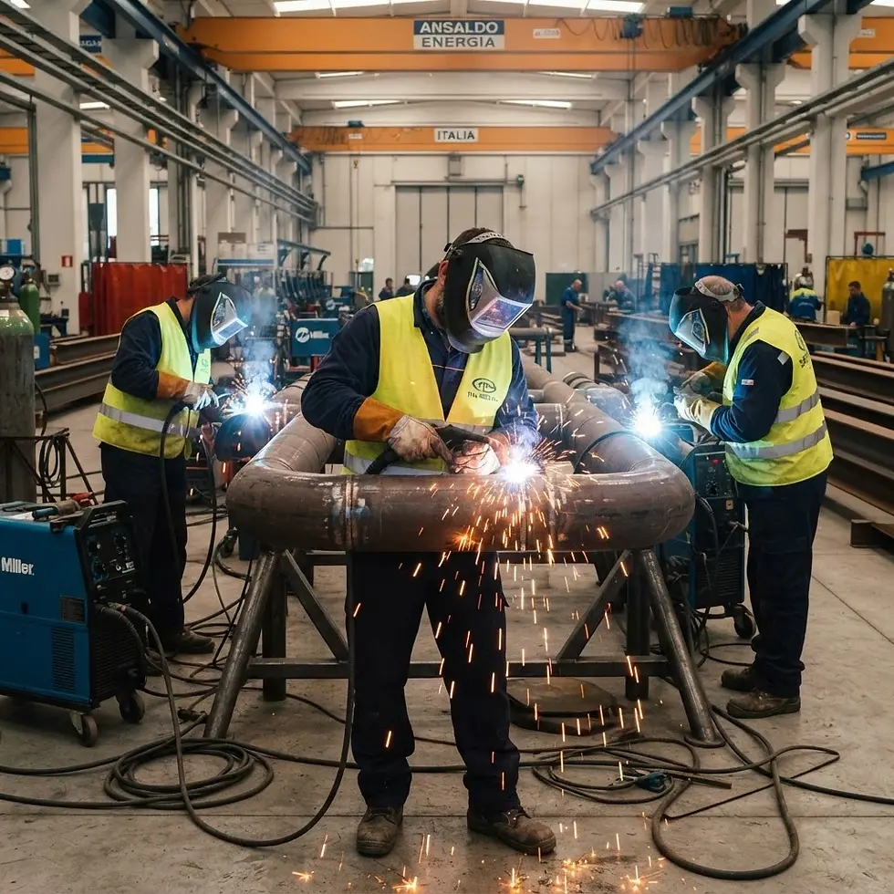 Industrial photography of welders working on large metal pipes in a factory. Sparks fly as they perform skilled manufacturing work in a bright, active workshop.
