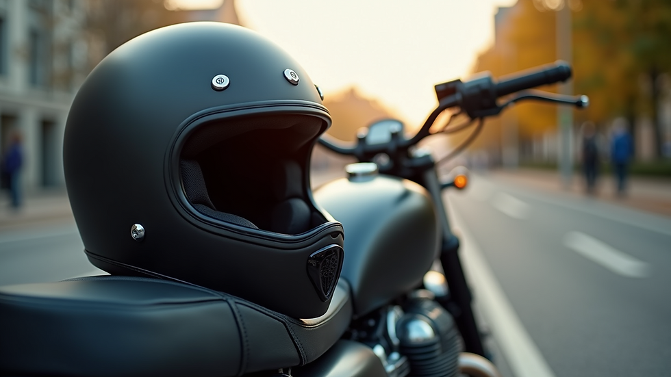 Eye-level view of a motorcycle helmet resting on a bike seat
