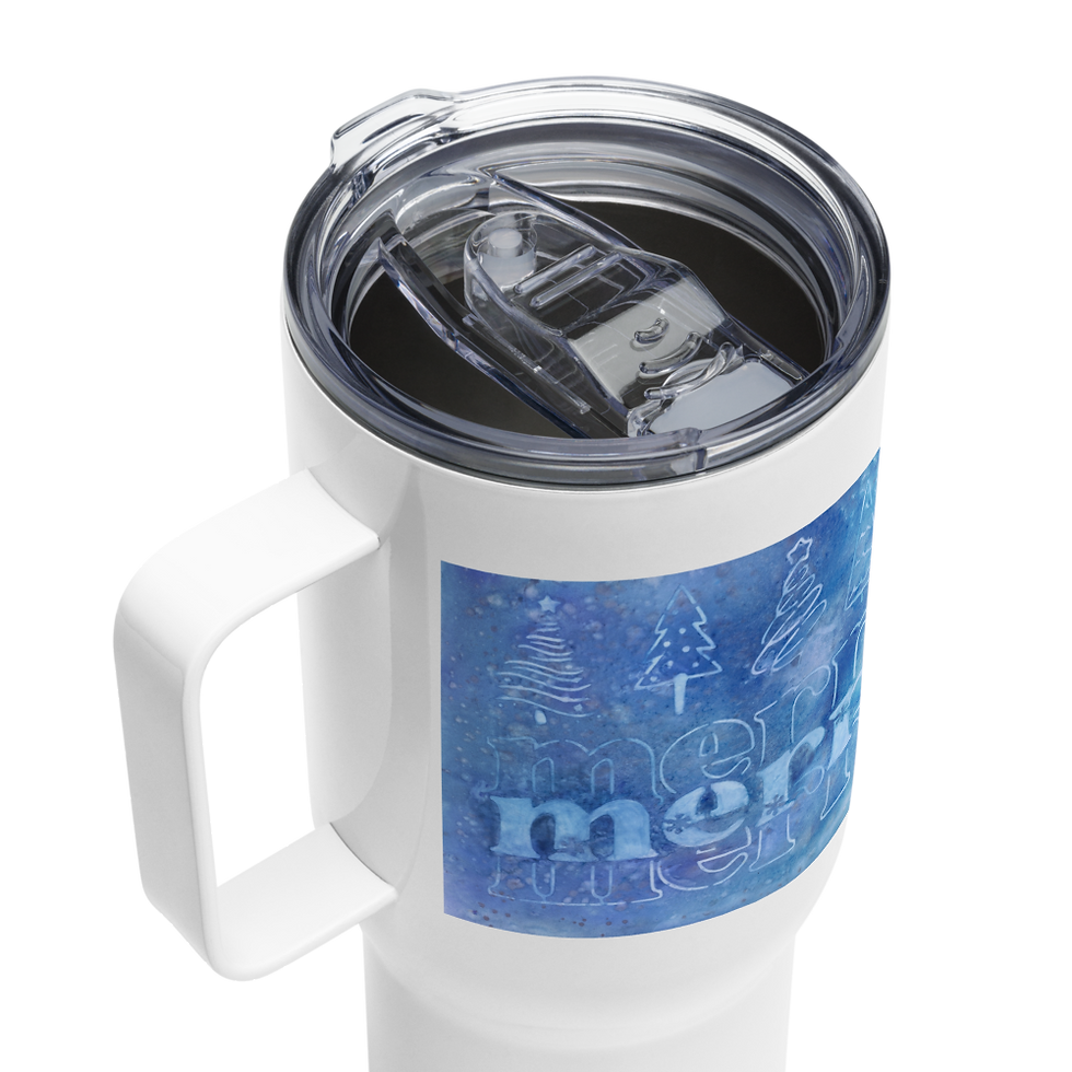 Thumbnail: Watercolor "Merry" Travel Mug with Handle