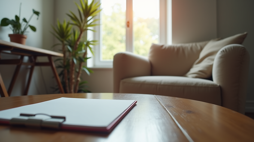 Eye-level view of a counselor’s office with a comfortable chair and a notepad
