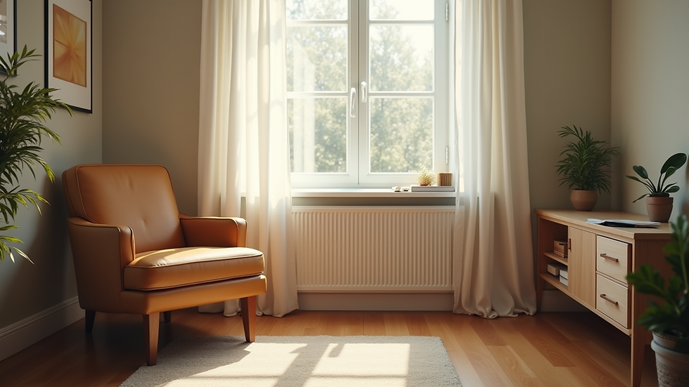 Eye-level view of a cozy counseling office with a comfortable chair and soft lighting