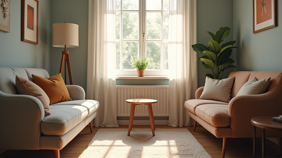 High angle view of a quiet counseling room with soft lighting and a comfortable couch