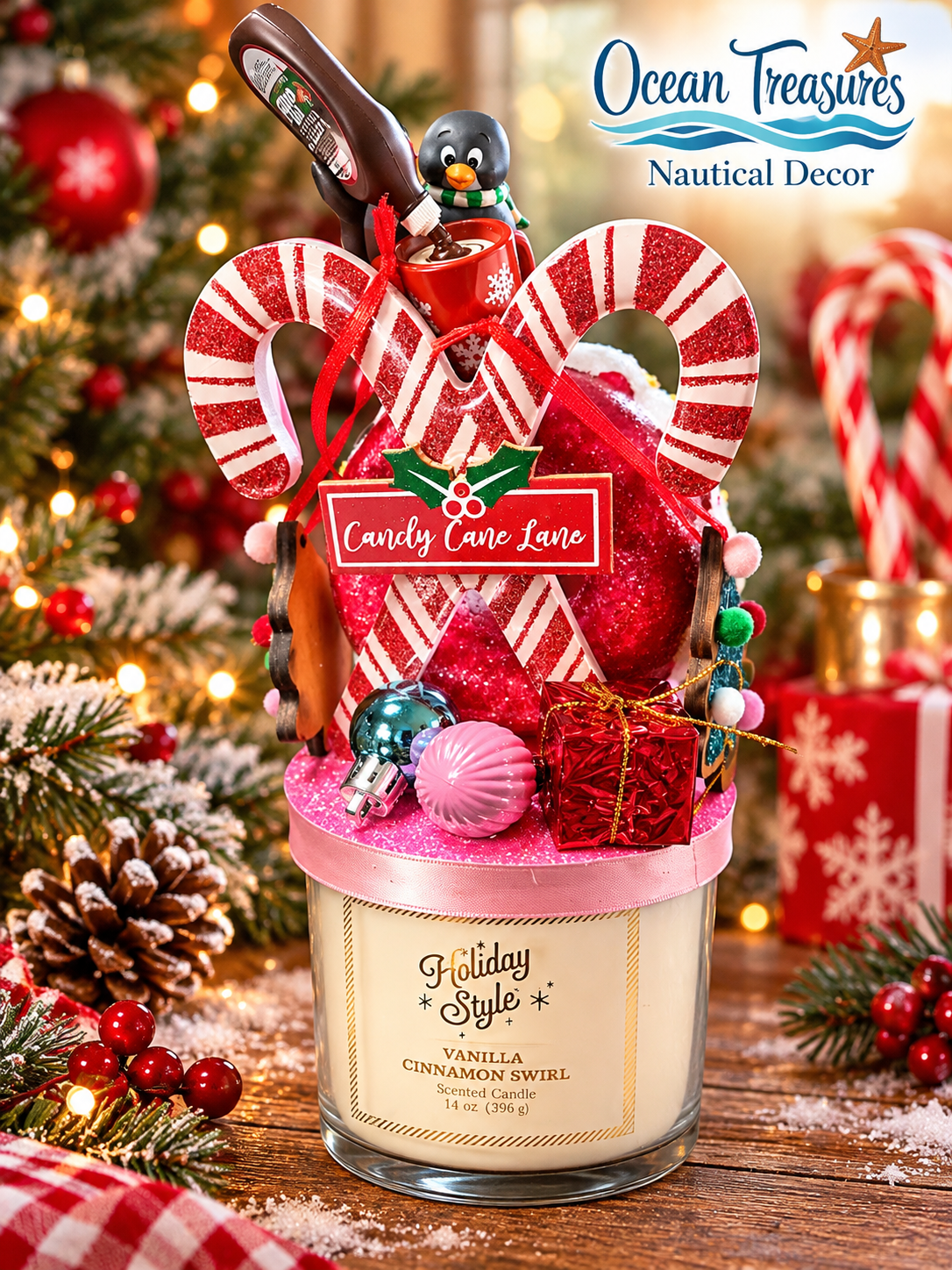 Candy Cane Lane Candle Topper with Vanilla Cinnamon Swirl Candle