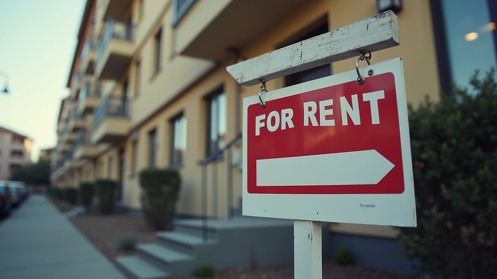 Eye-level view of a residential building with a "For Rent" sign