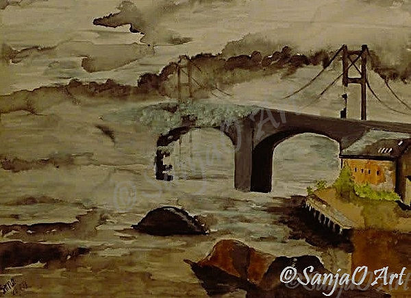 Küstenlandschaft mit großer Brücke und Wellen – SanjaO Art
Aquarellgemälde einer Küstenbrücke mit hohen Pfeilern, Wellen, die gegen Felsen schlagen, und einem gelben Gebäude am Pier unter wolkigem Himmel.
Ein atmosphärisches Küstenmotiv, das Architektur und Natur in einer dynamischen Szene vereint.