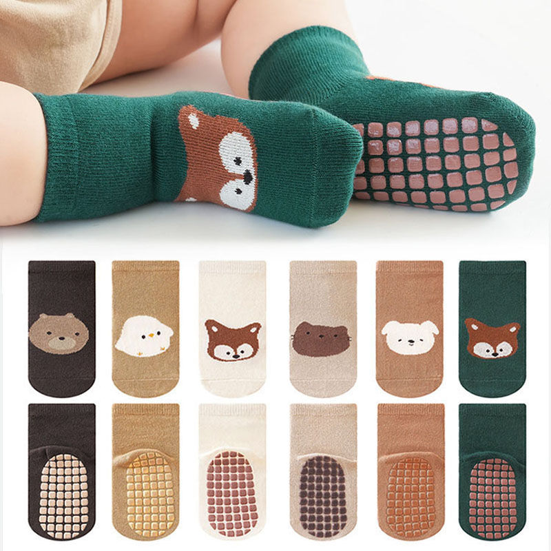 6 Pairs Kids Non-Slip Socks Cute Cartoon Fox and Bear Pattern Childrens Boys Gir