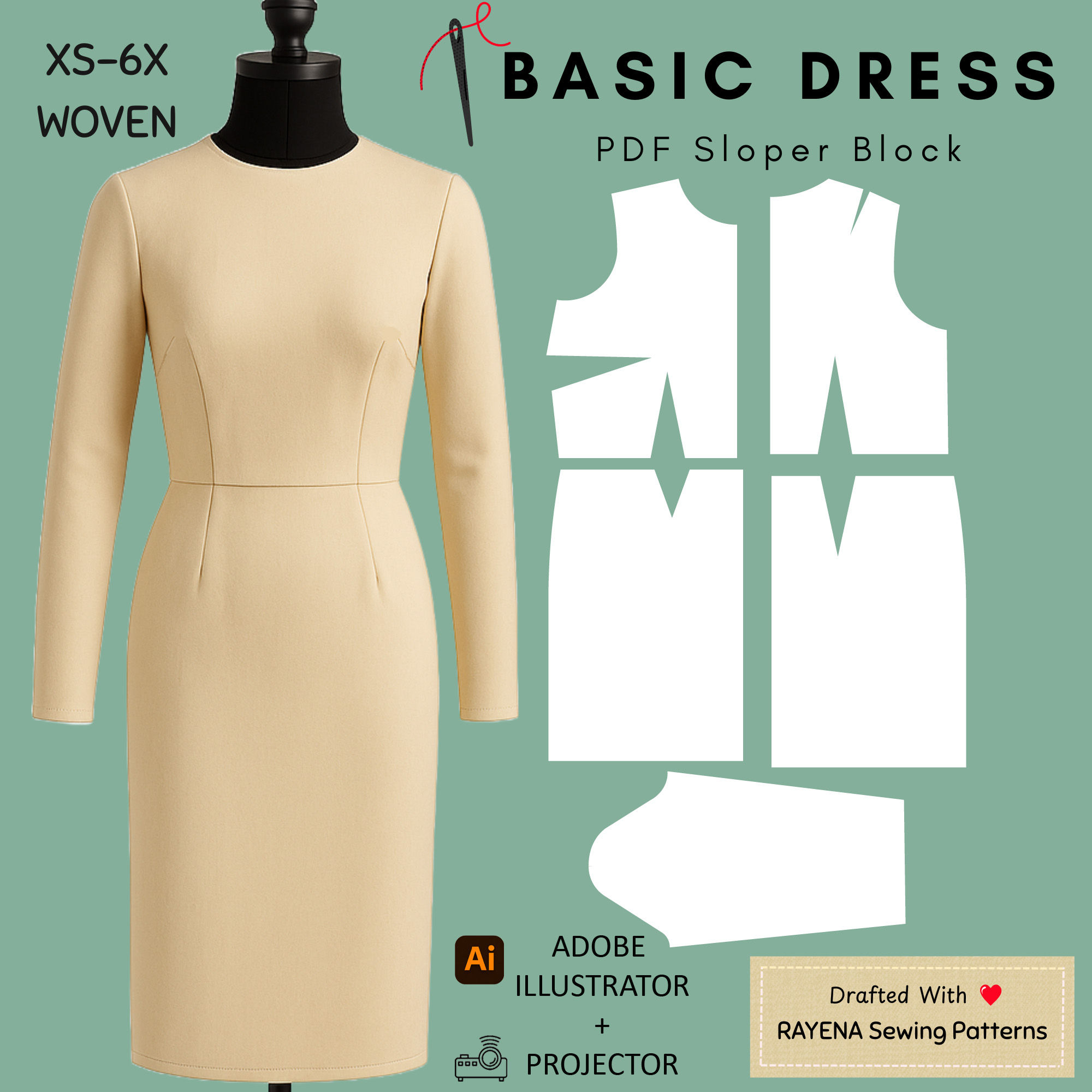 Adobe Illustrator-Basic Dress Sewing Pattern: Sloper Block (XS–6X) (PDF Pattern)