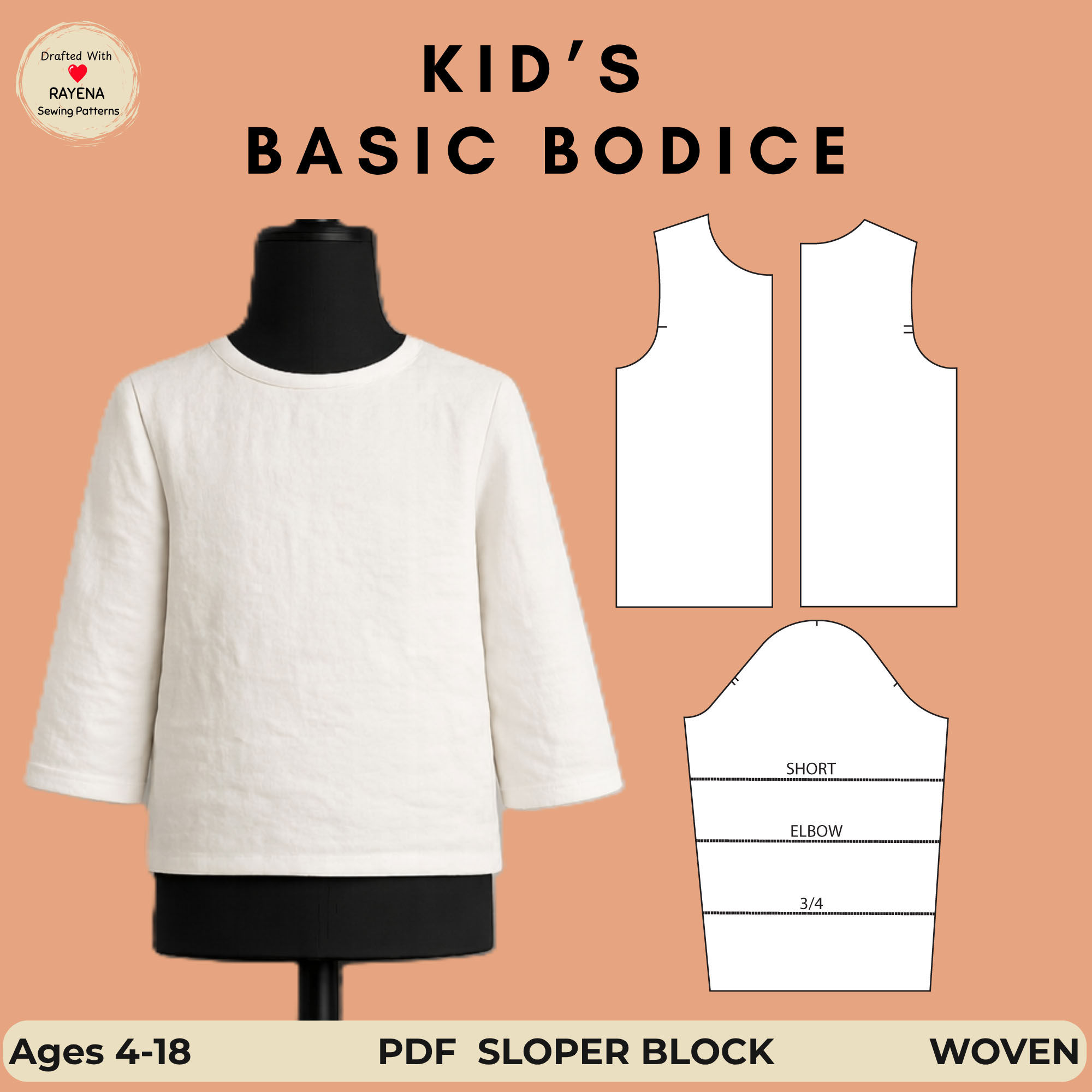 Kids Bodice Sewing Pattern: Basic Sloper Block (Ages 4-18) (PDF Pattern)