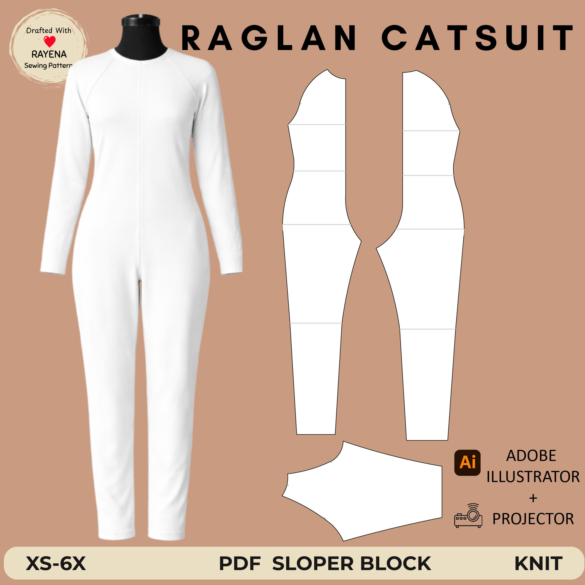 Adobe Illustrator- Raglan Catsuit Sewing Pattern: Knit Bodysuit Sloper Block