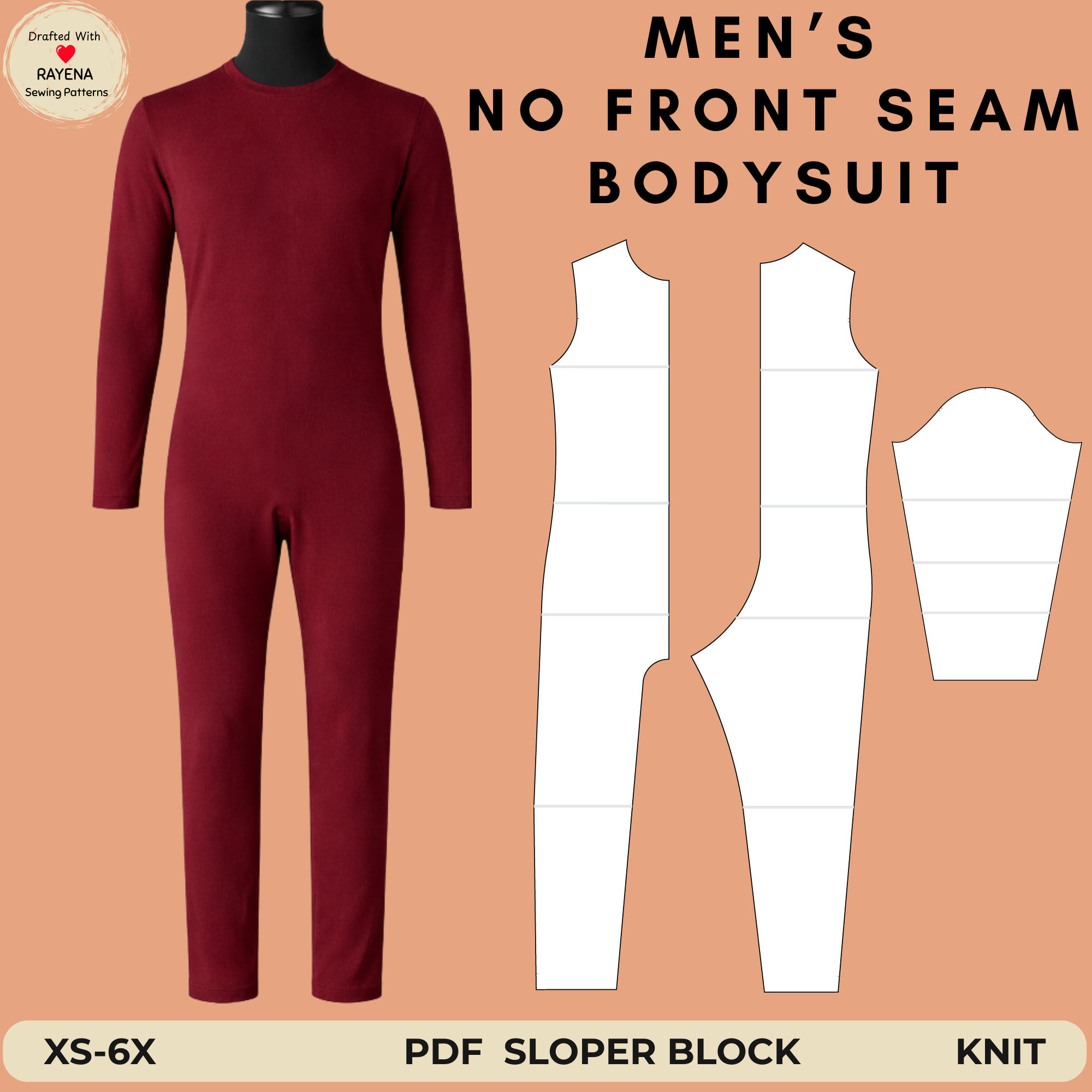 Men's Catsuit Sewing Pattern: No Front Seam Bodysuit Sloper (XS–6X) (PDF Pattern