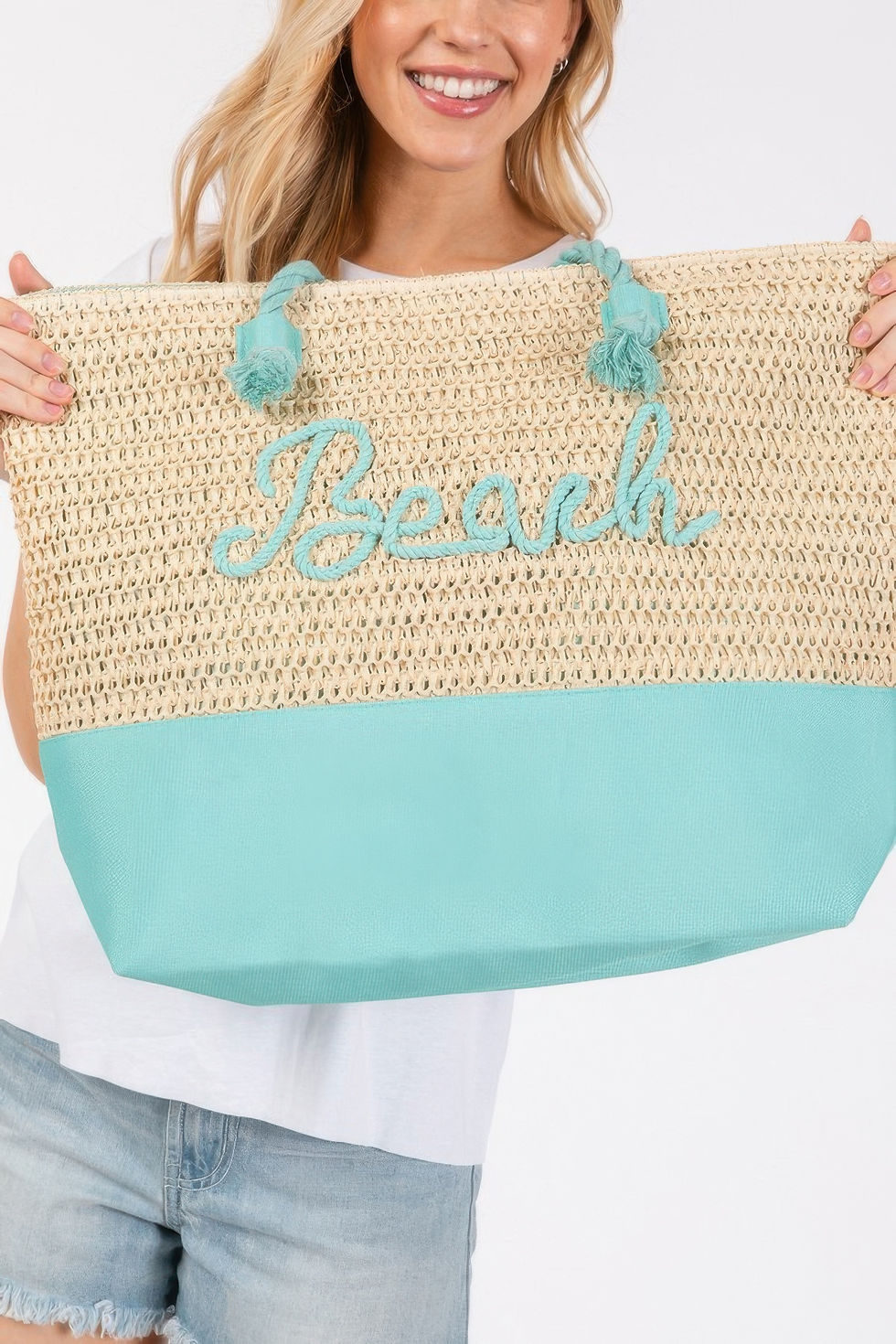 Thumbnail: Color Sewn Rope Beach Letter And Strap Crochet Fabric Tote