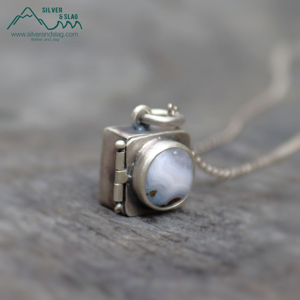 Thumbnail: Mojave Agate Sterling Silver Snail & Mushrooms Treasure Box Statement Necklace