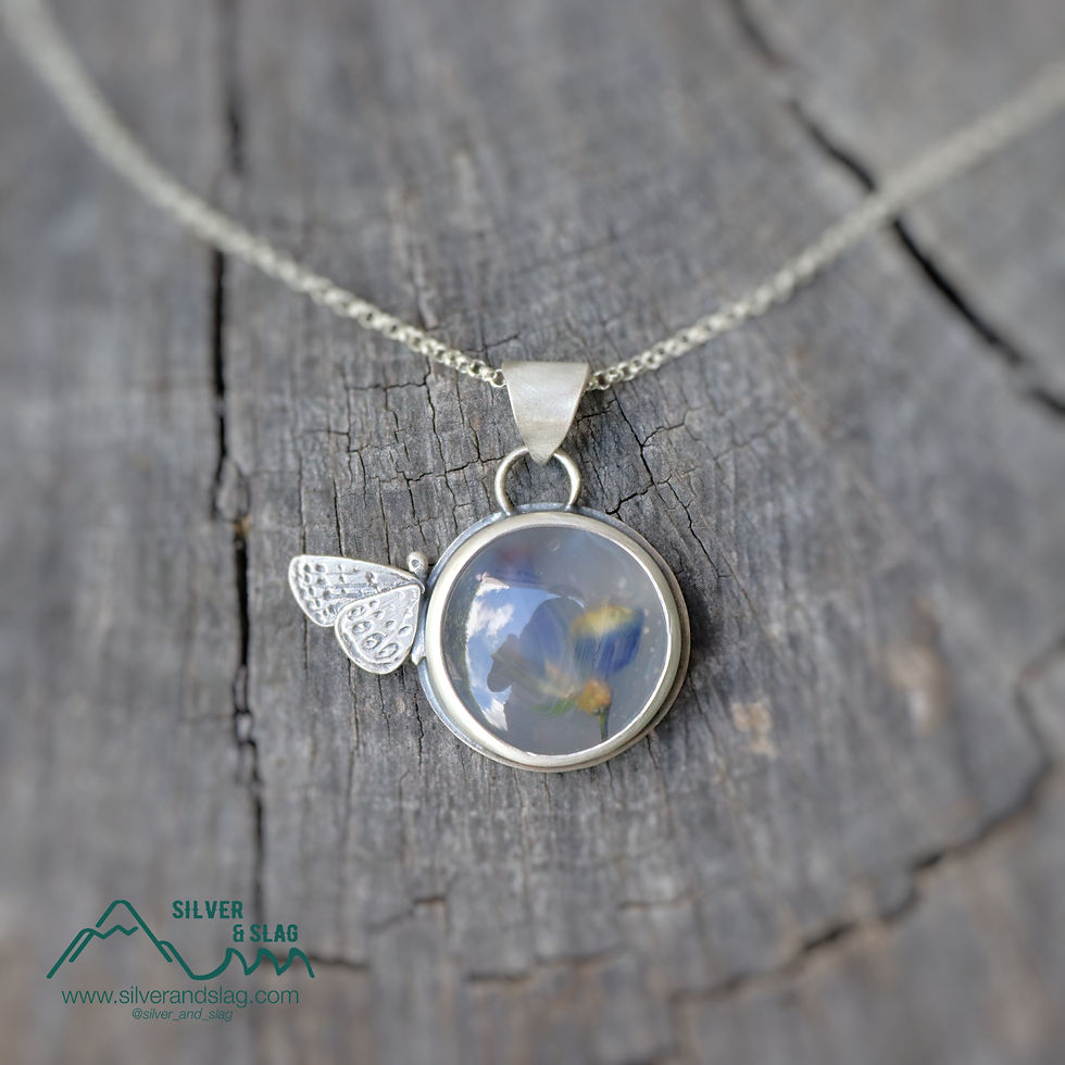 Thumbnail: Lupine in Malibu Agate Sterling Silver Statement Necklace w Acmon Blue Butterfly