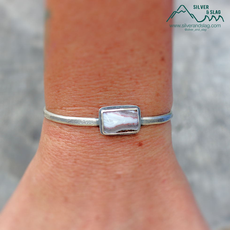 Thumbnail: Pink & White Mojave Desert Seam Agate in Sterling Silver Minimalist Cuff