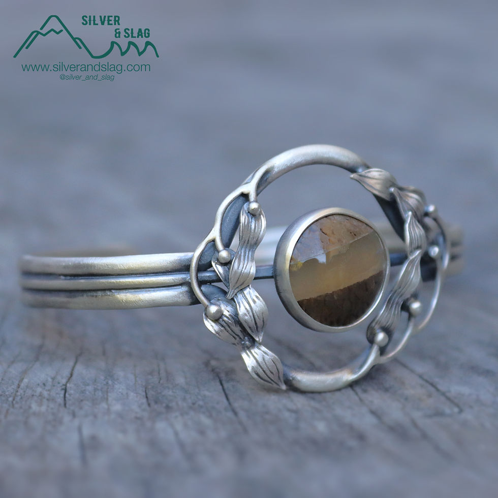 Thumbnail: Pacific Coast Inspired Fossil Whalebone Agate Intarsia Kelp Statement Cuff