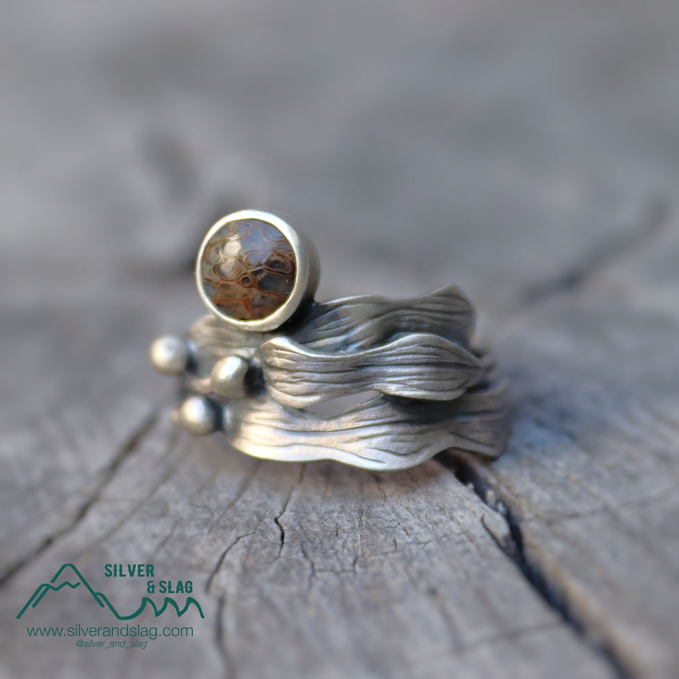 Thumbnail: Pacific Coast Inspired Fossil Whalebone Kelp Forest Statement Ring - Size 7.5